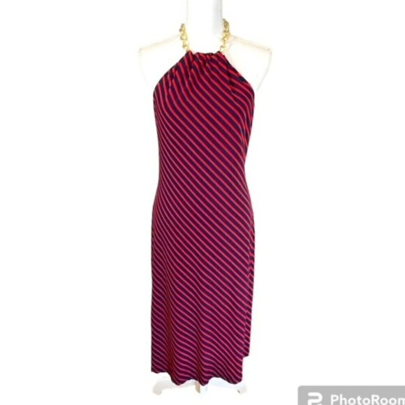 Lauren Ralph Lauren Vintage Navy/Red Chain Neck Halter Dress Sz 8 - Picture 1 of 6